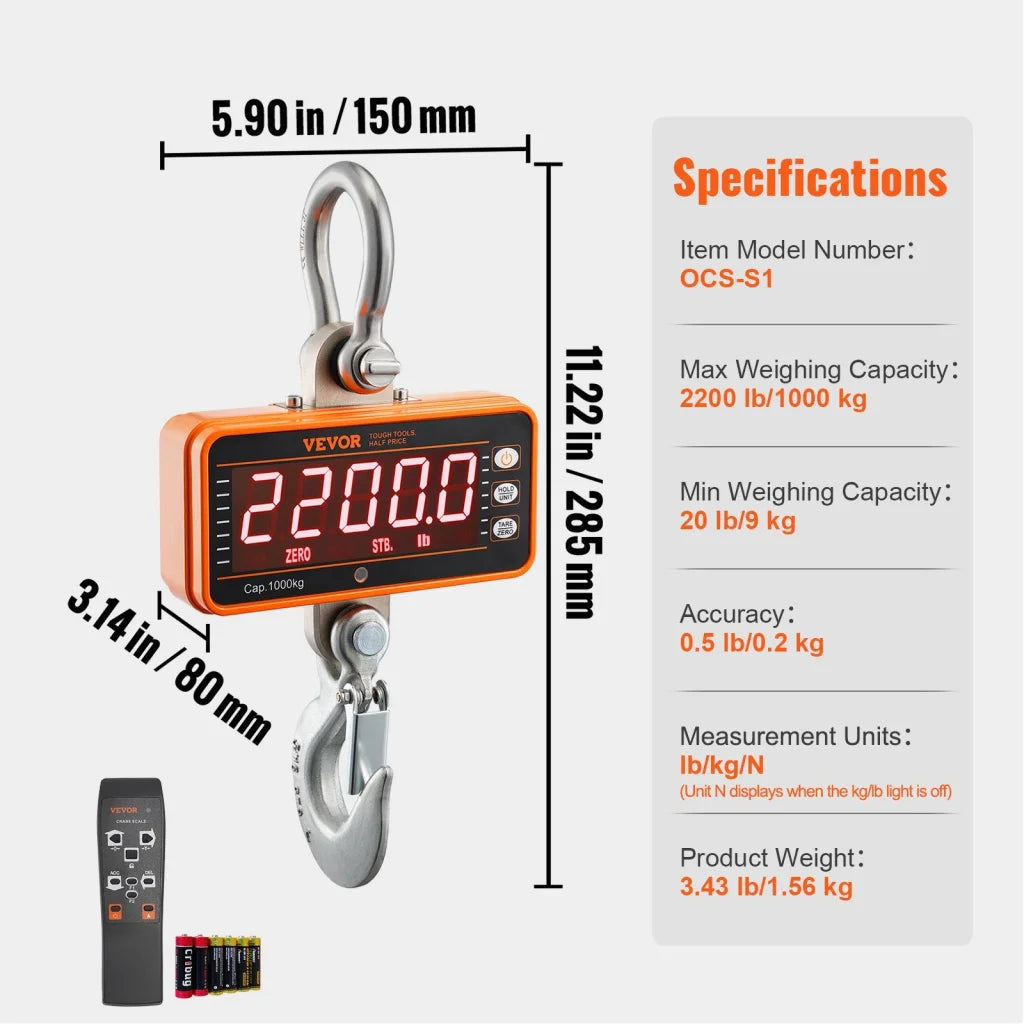 VEVOR Digital Crane Scale 2200 lbs/1000 kg Industrial Heavy