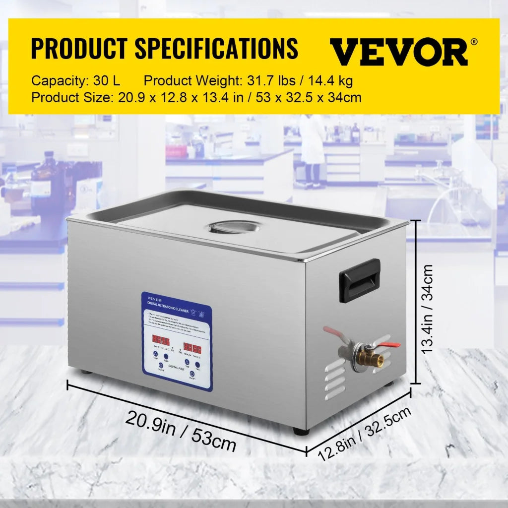 Steel 30l vevor digital ultrasonic with pack contents and accessory layout