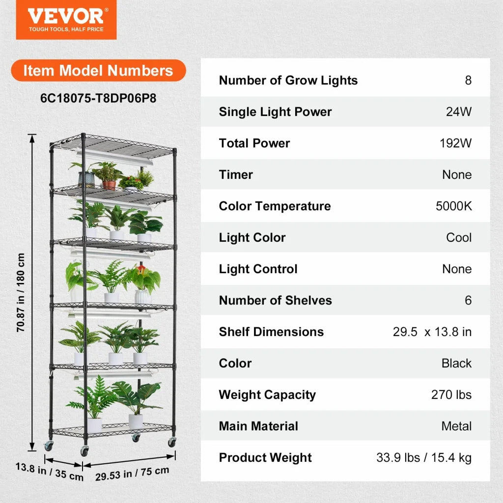 VEVOR DIY Plant Stand with Grow Lights 6 Tiers 192W 70.9’’