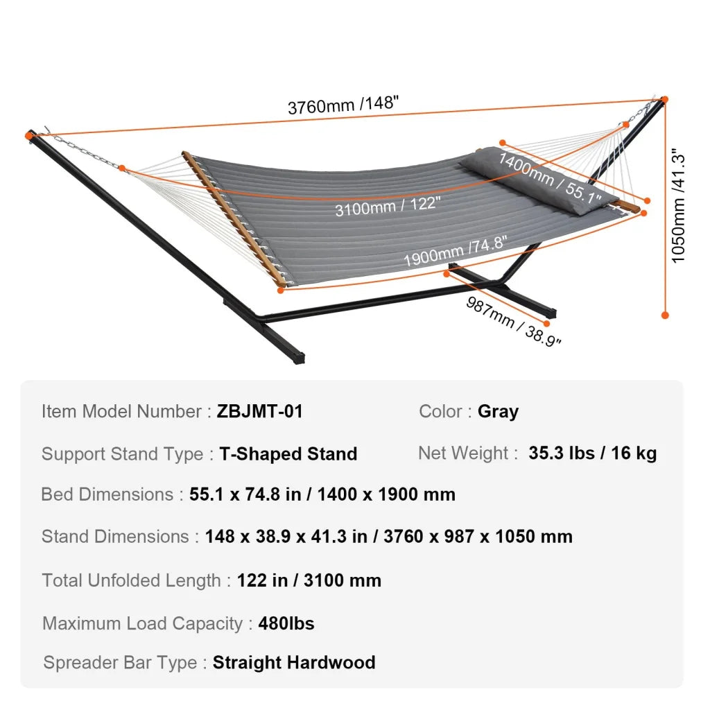 VEVOR Double Quilted Fabric Hammock Two Person Hammock