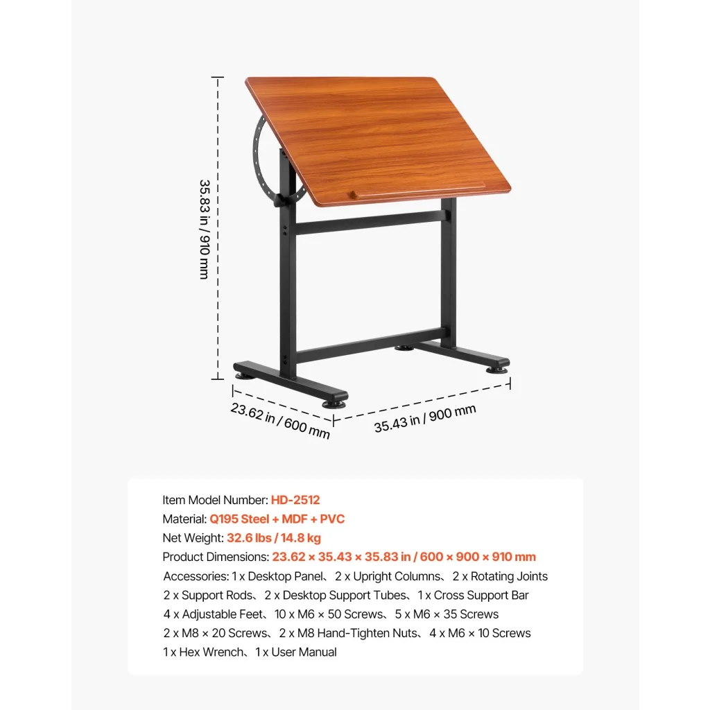 VEVOR Drafting Table Adjustable 0°–90° Tilt Wooden Drawing