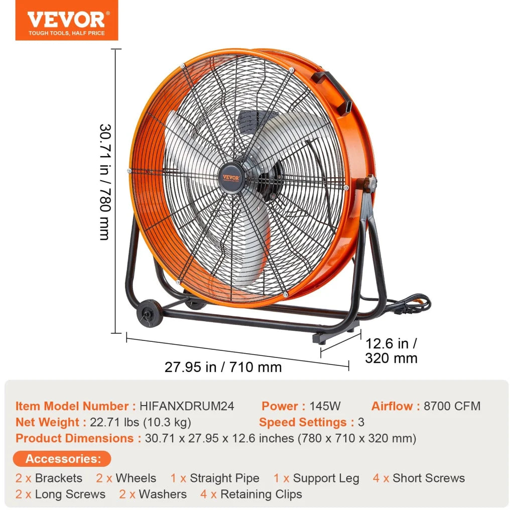 VEVOR Drum Fan 24 Inch High Velocity Industrial Use 3-Speed