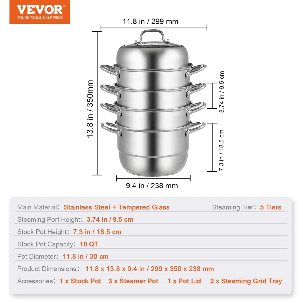 VEVOR Dumpling Steamer Stainless Steel 5 Titer for for Cook
