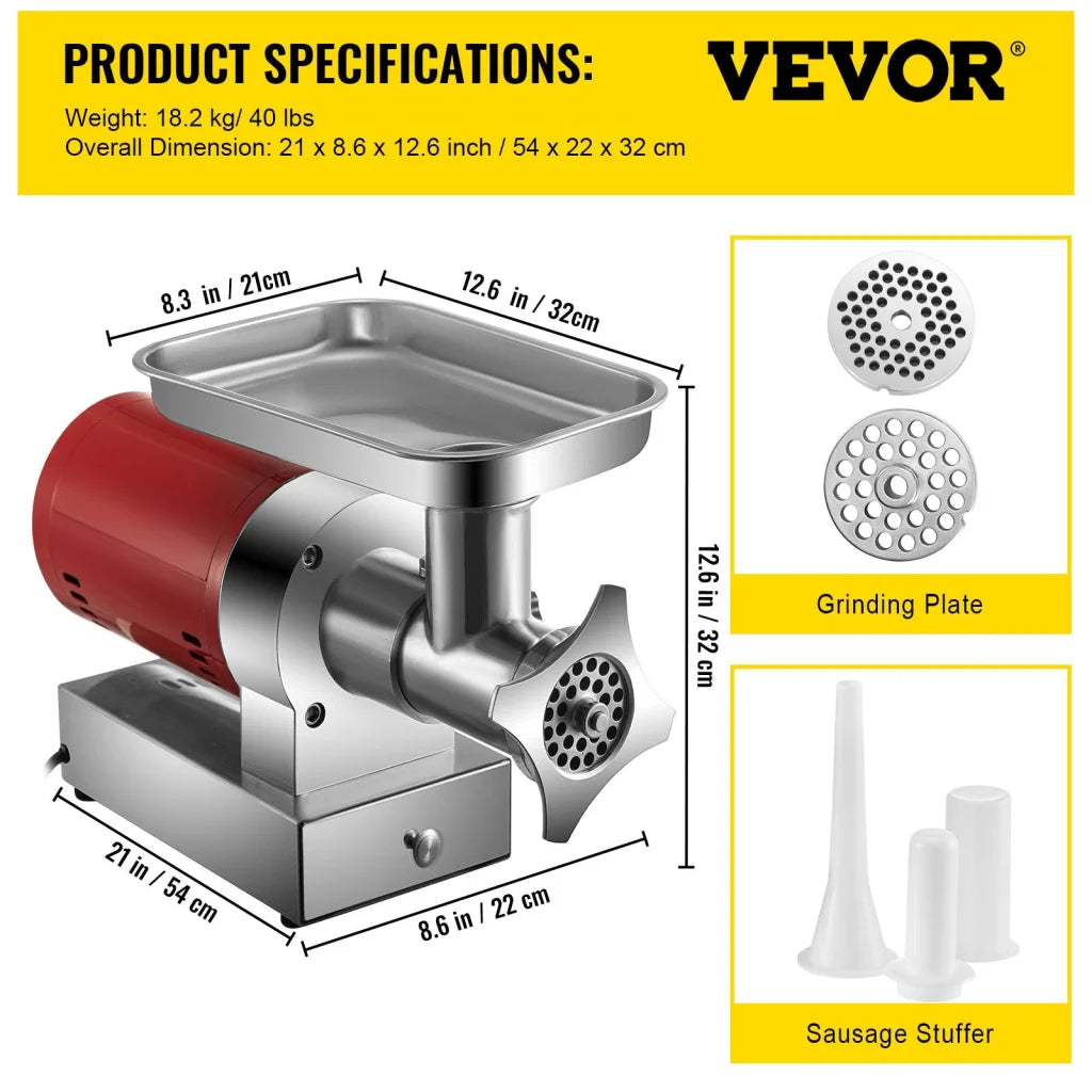 Vevor electric meat with pack contents and accessory layout