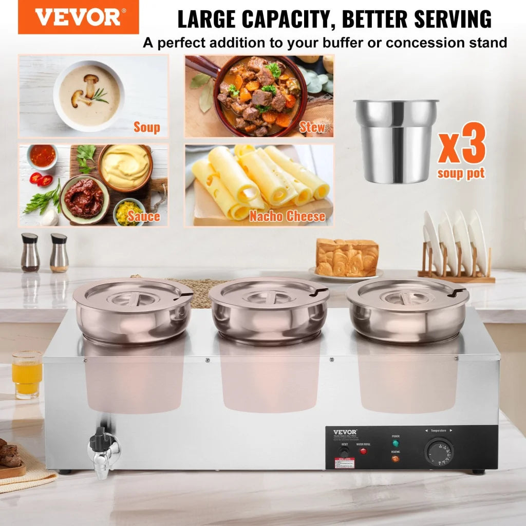 VEVOR Electric Soup Warmer Three 7.4QT Stainless Steel