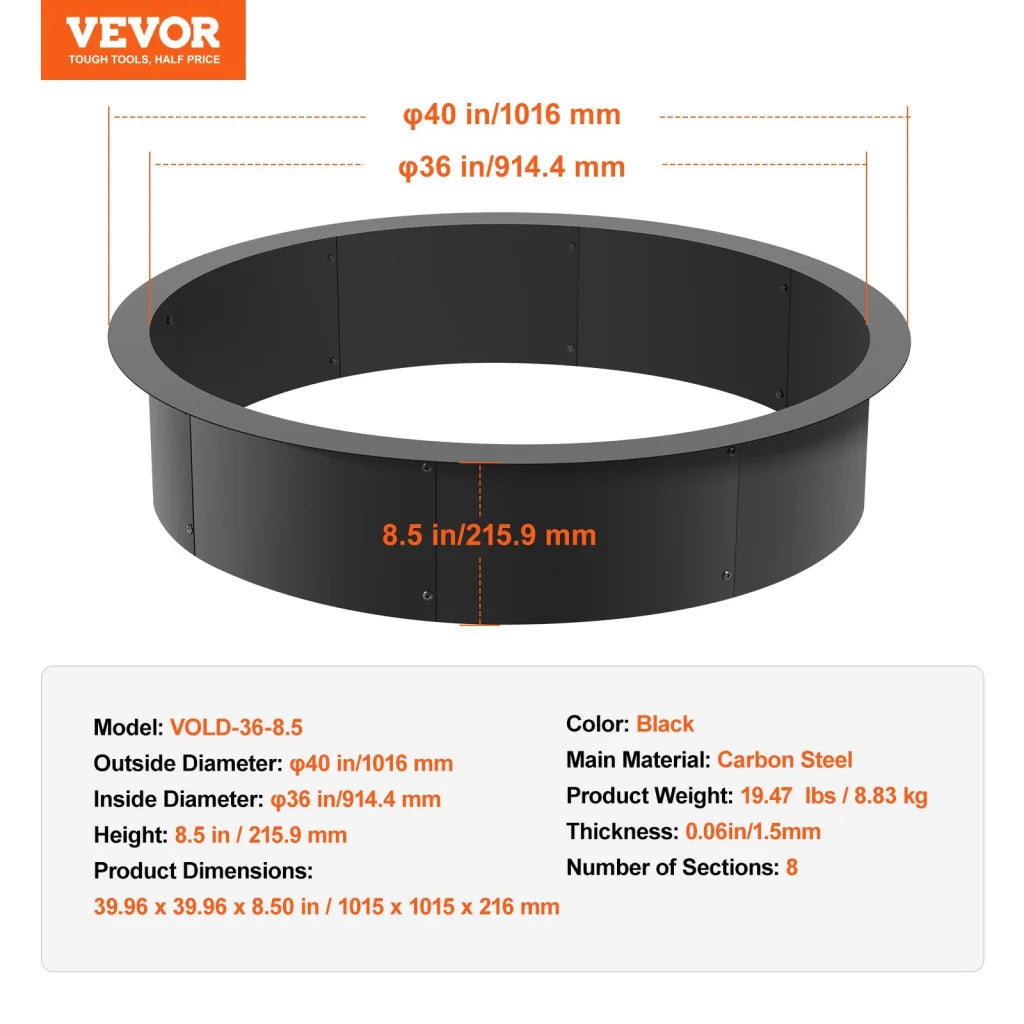 VEVOR Fire Pit Ring Round Inner Steel Liner DIY Campfire