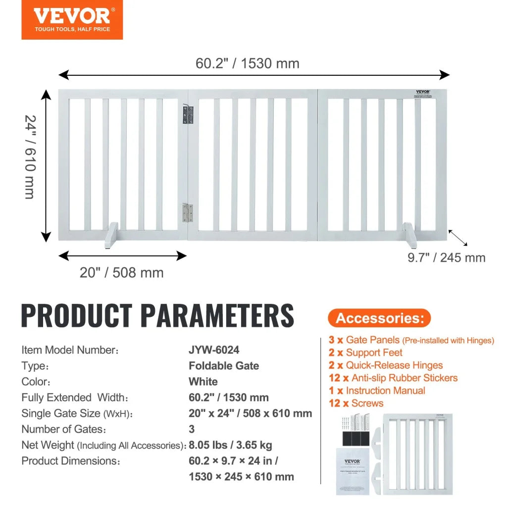 VEVOR Free Standing Dog Gate 24’’ H x 60’’ W Freestanding