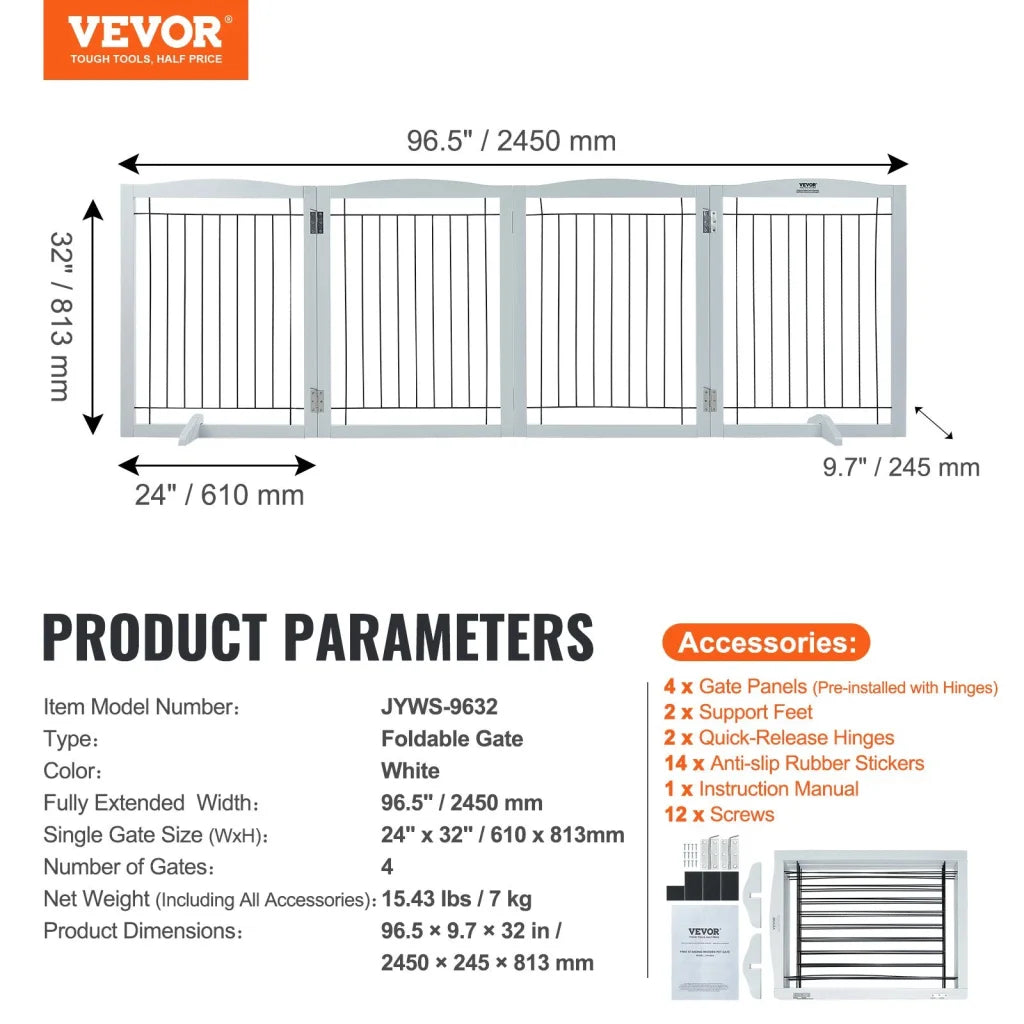 VEVOR Free Standing Dog Gate 32’’ H x 96.5’’ W Freestanding
