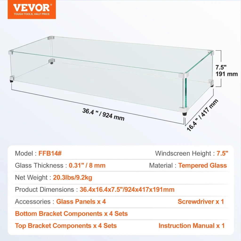 VEVOR Glass Wind Guard for Rectangular Fire Pit Table 924 x