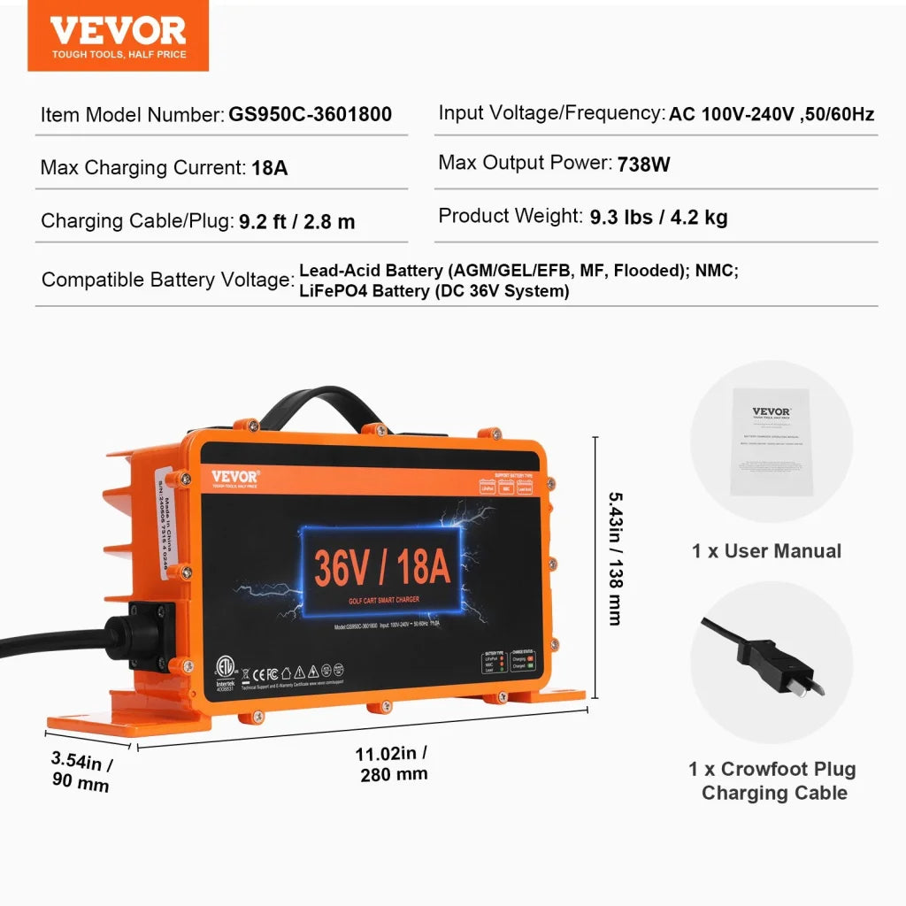VEVOR Golf Cart Battery Charger 18 AMP Smart Club Car