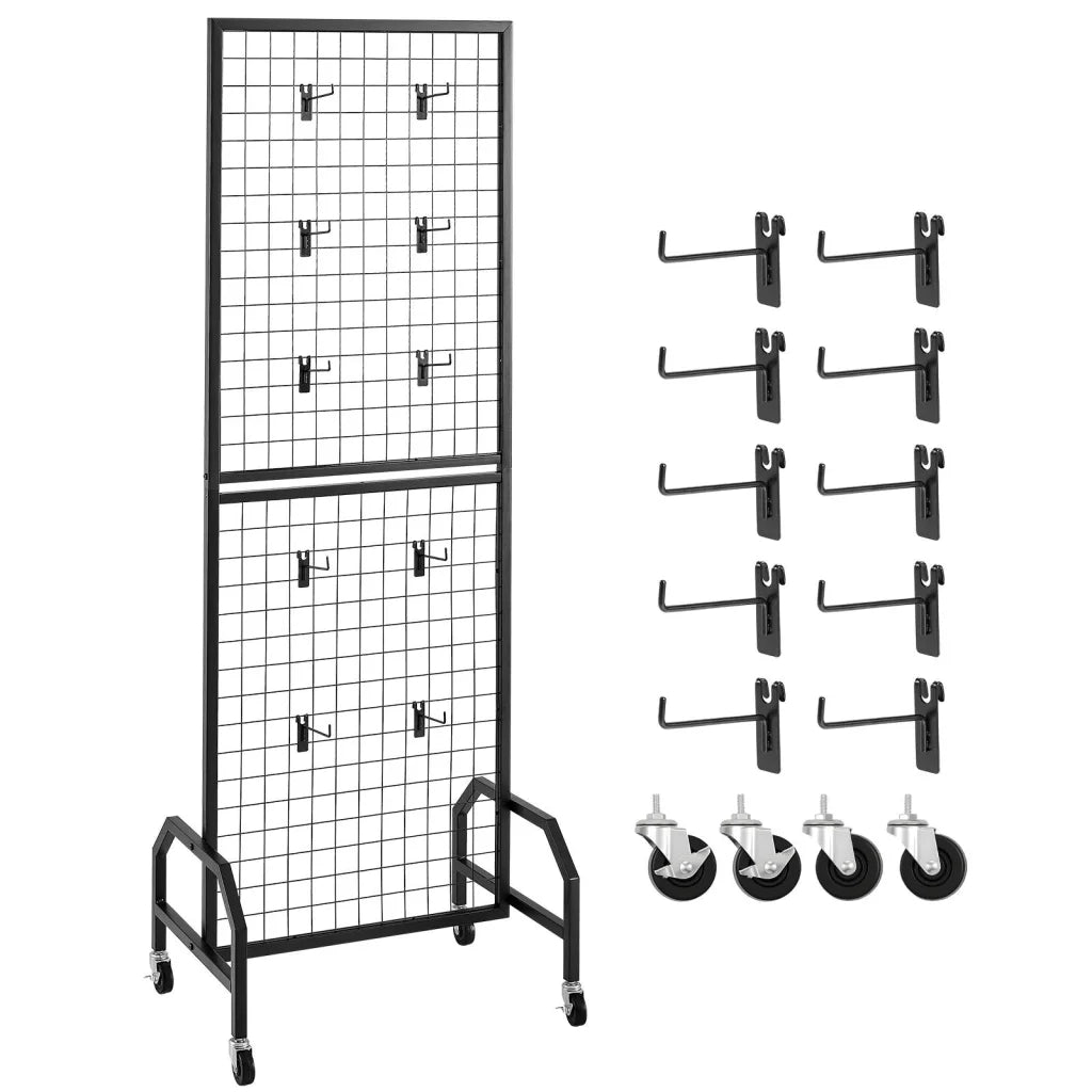 Black steel storage rack with tiered shelves and metal supports