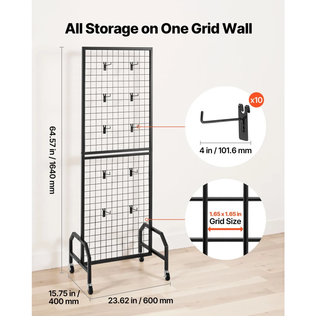 Black steel storage rack with caster wheels and side handle rail