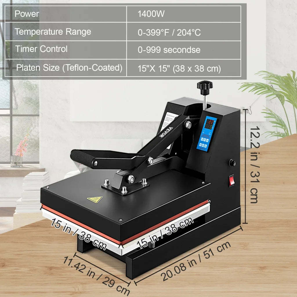 15x15 vevor heat press with pack contents and accessory layout