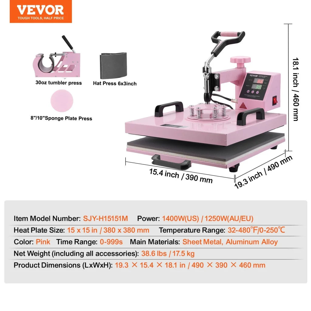 Pink vevor heat press with fitted edges and product hardware