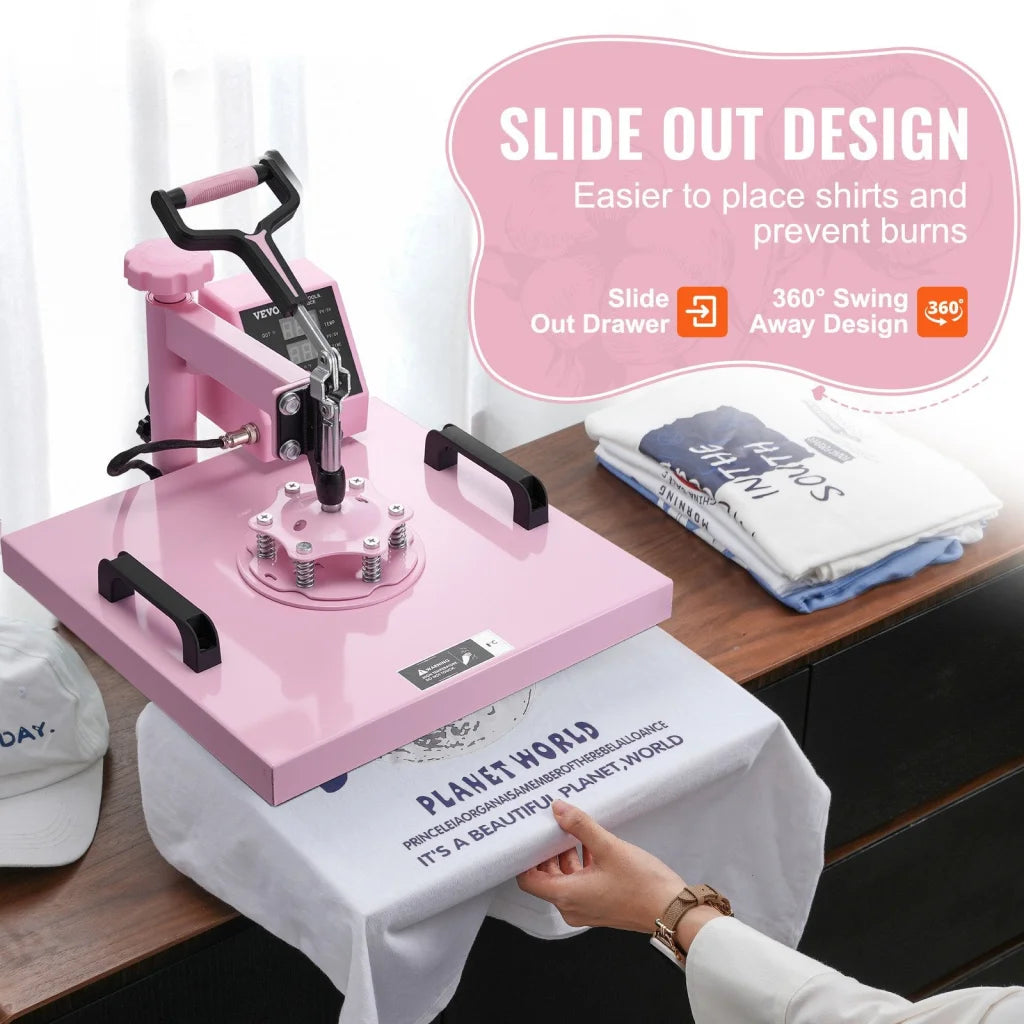 Pink vevor heat press with compact layout and accessory details