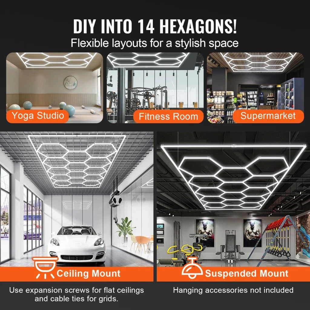 VEVOR Hexagon Garage Lights 86400LM 5 Grid Honeycomb LED