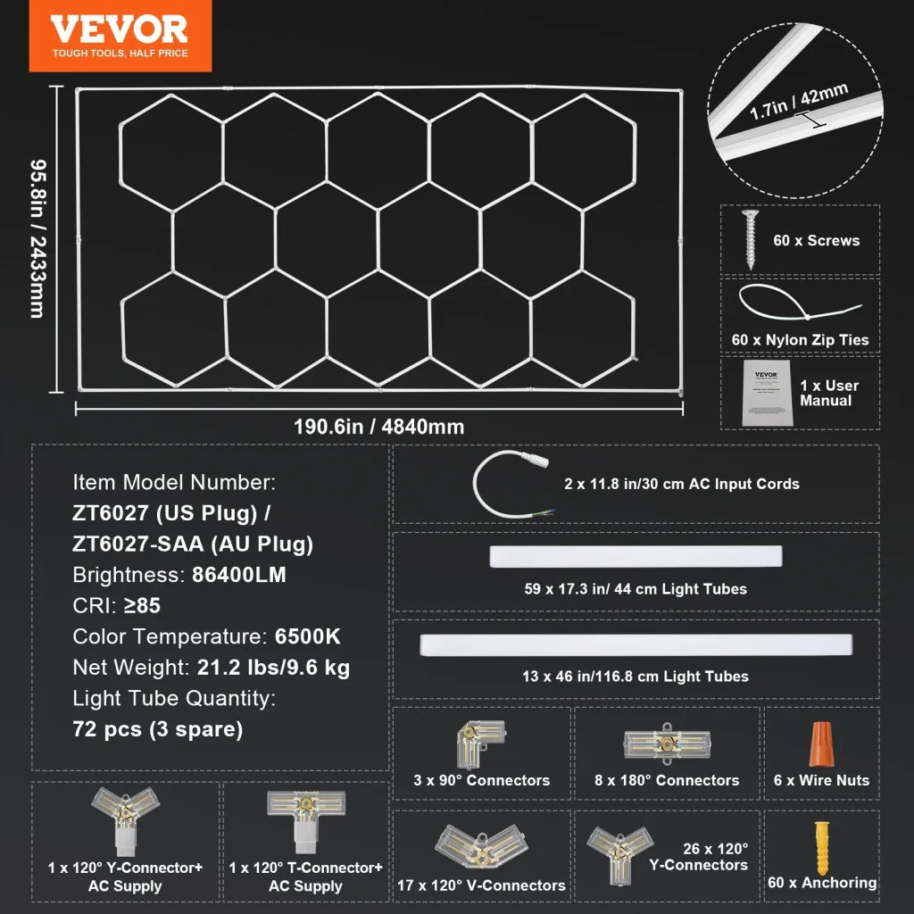 VEVOR Hexagon Garage Lights 86400LM 5 Grid Honeycomb LED
