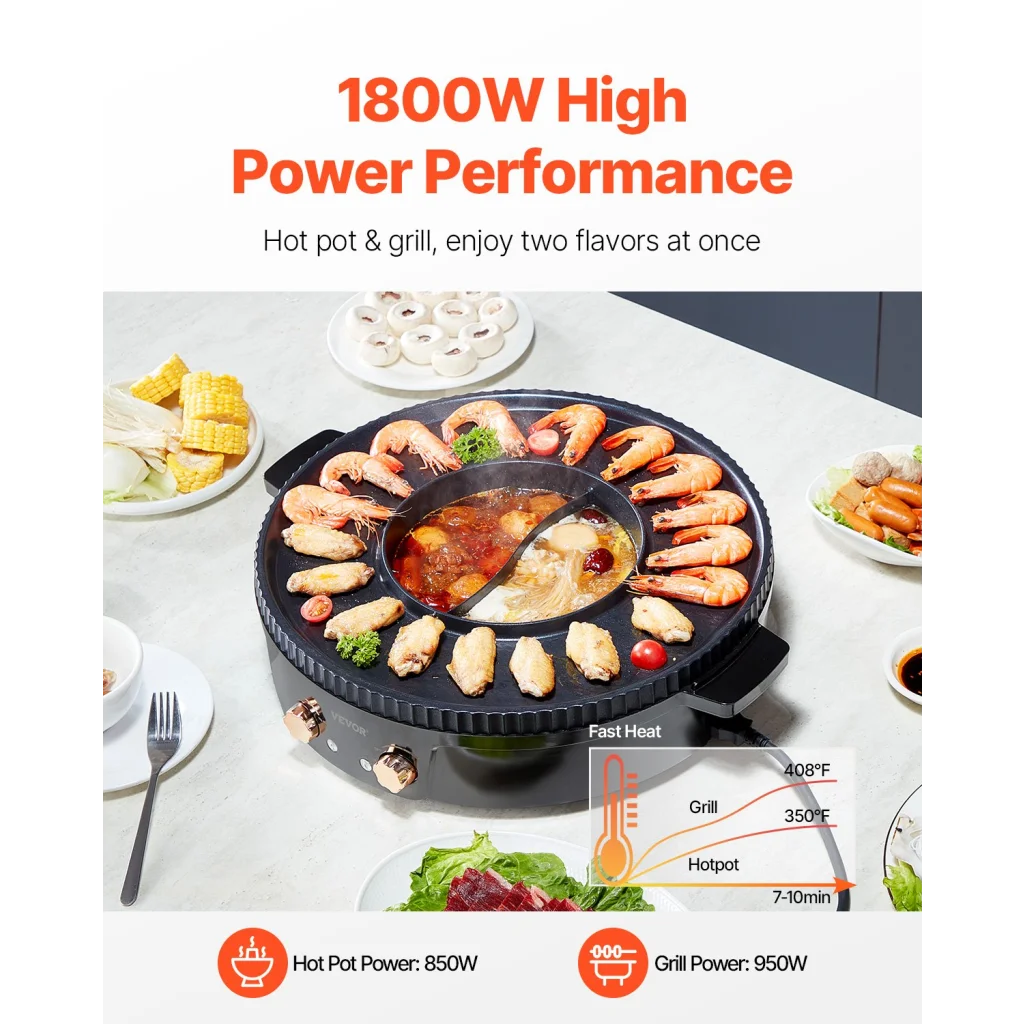 VEVOR Hot Pot with Grill 1800W 2-in-1 Electric Smokeless