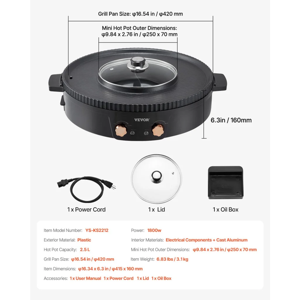 VEVOR Hot Pot with Grill 1800W 2-in-1 Electric Smokeless