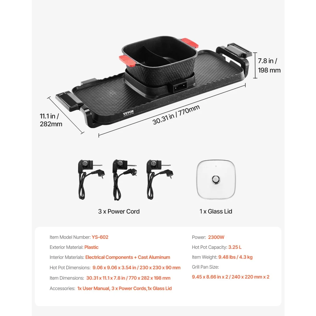 VEVOR Hot Pot with Grill 2300W 2-in-1 Electric Smokeless