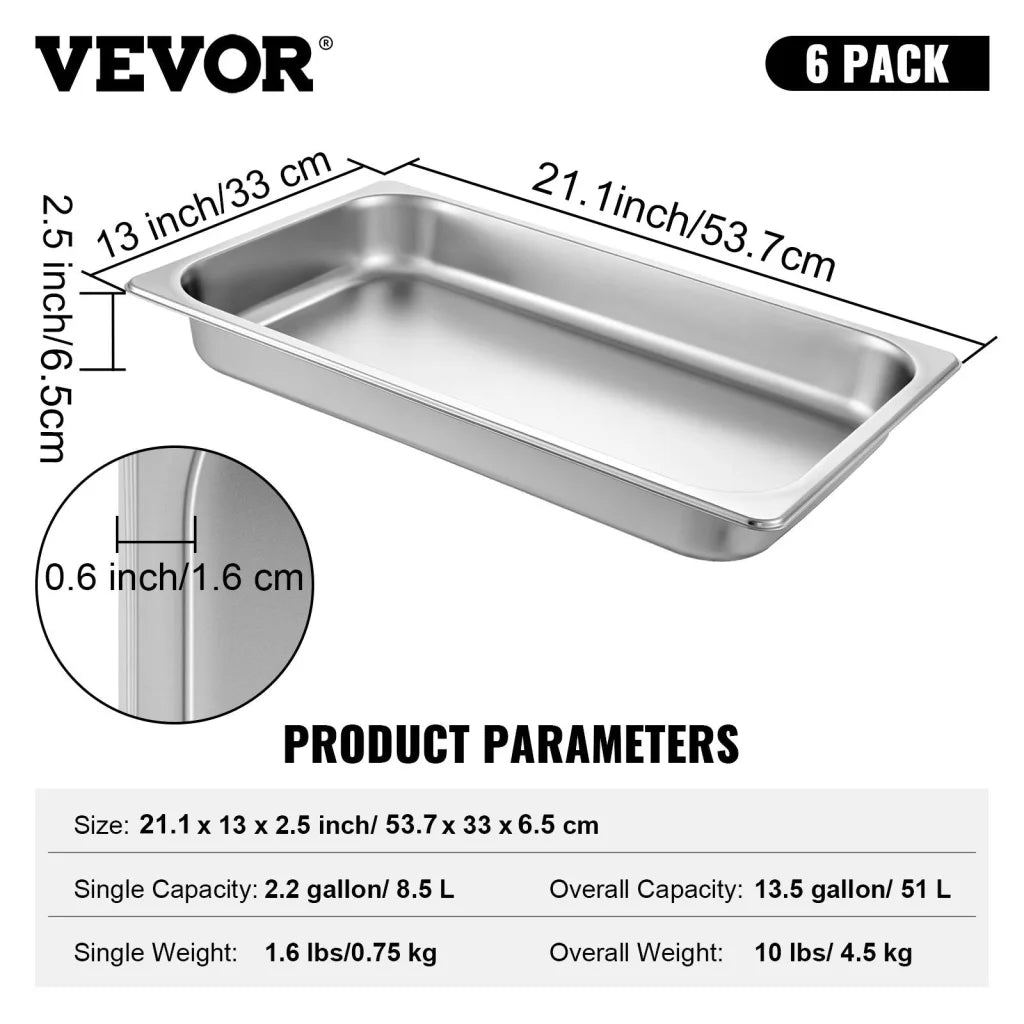 VEVOR Hotel Pans Full Size 2.5 Inch Deep Steam Table Pan 6