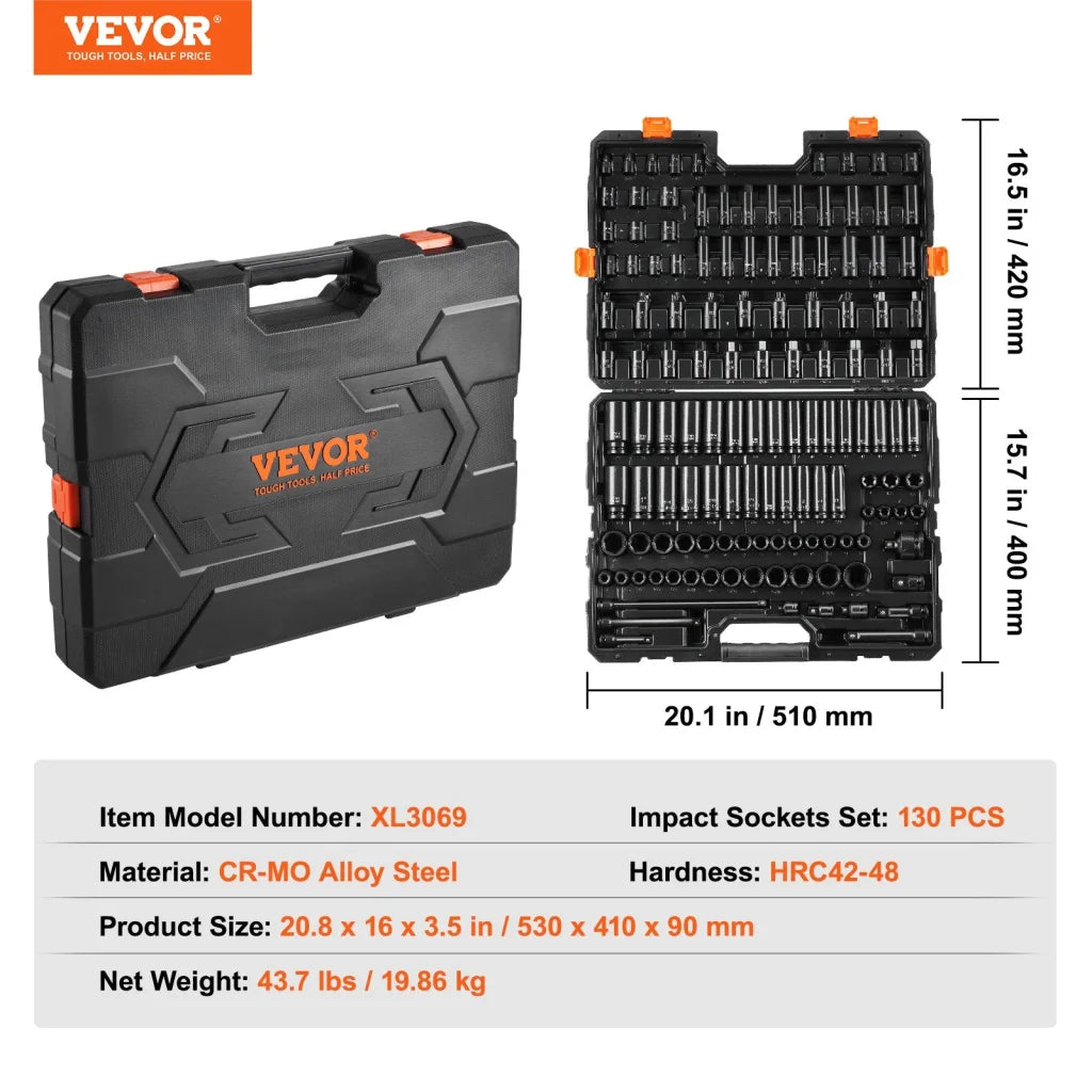VEVOR Impact Sockets Set 130PCS 6-Point 3/8’’ & 1/2’’ Drive