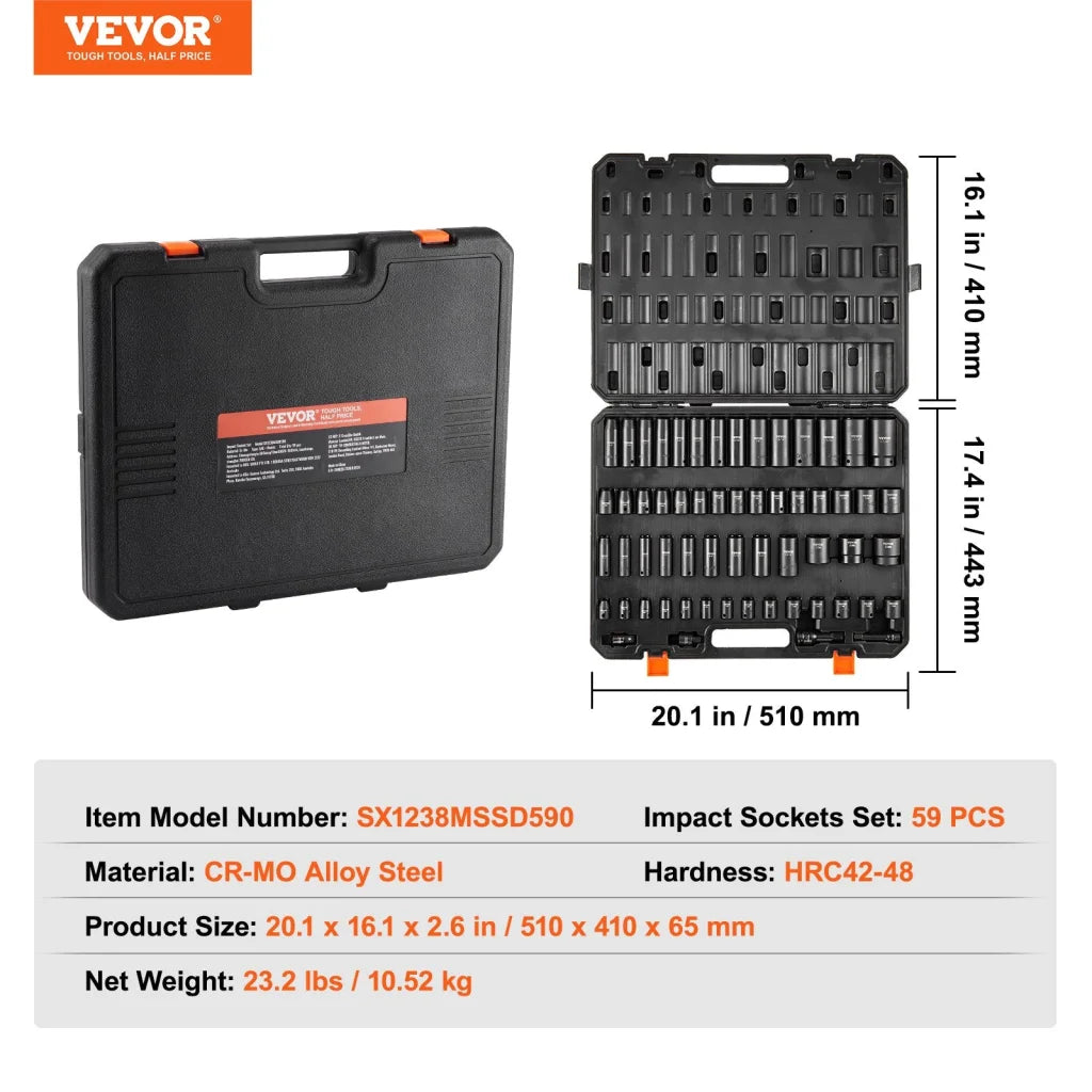 VEVOR Impact Sockets Set 59pcs 6-Point 3/8’’ & 1/2’’ Drive