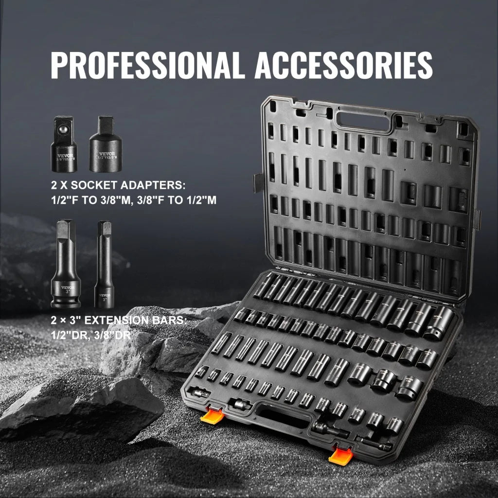 VEVOR Impact Sockets Set 59pcs 6-Point 3/8’’ & 1/2’’ Drive