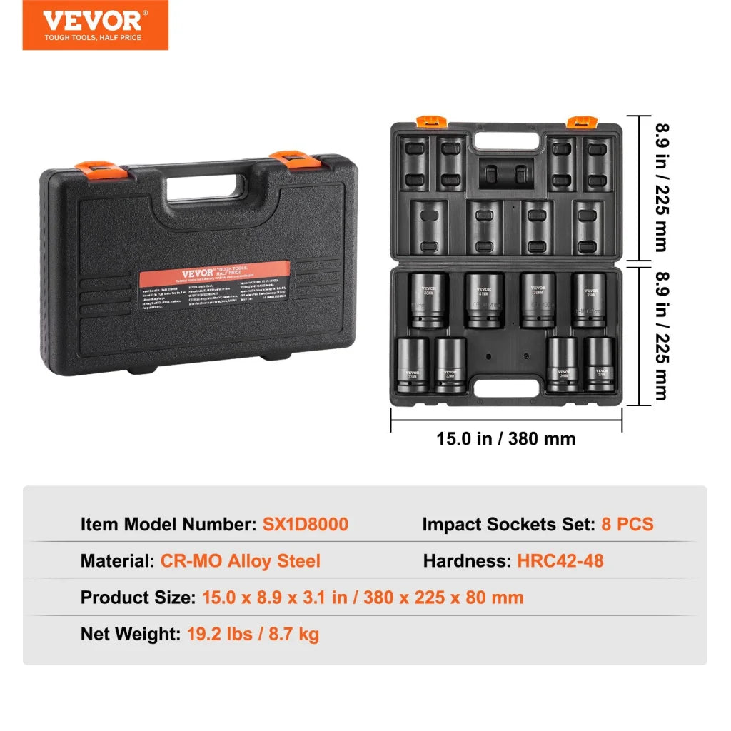 VEVOR Impact Sockets Set 8pcs 6-Point 1’’ Drive Bit Ratchet