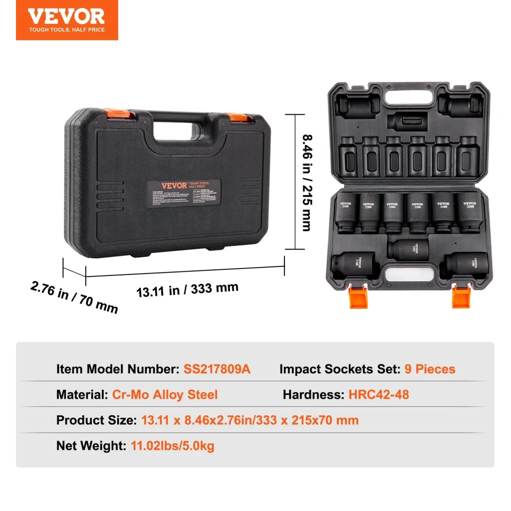 VEVOR Impact Sockets Set 9pcs 6-Point 1/2in Metric Drive