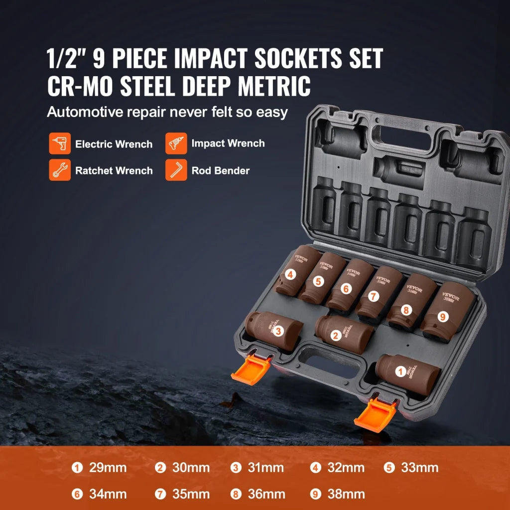 VEVOR Impact Sockets Set 9pcs 6-Point 1/2in Metric Drive
