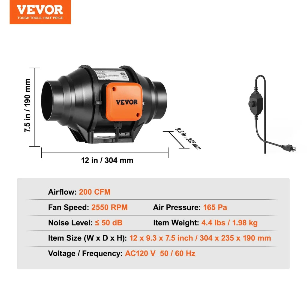 VEVOR Inline Duct Fan 102mm 129.7 CFM with Variable Speed