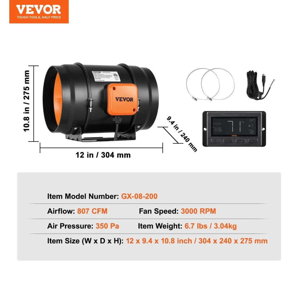 VEVOR Inline Duct Fan 203.2mm 506.2 CFM with Temperature