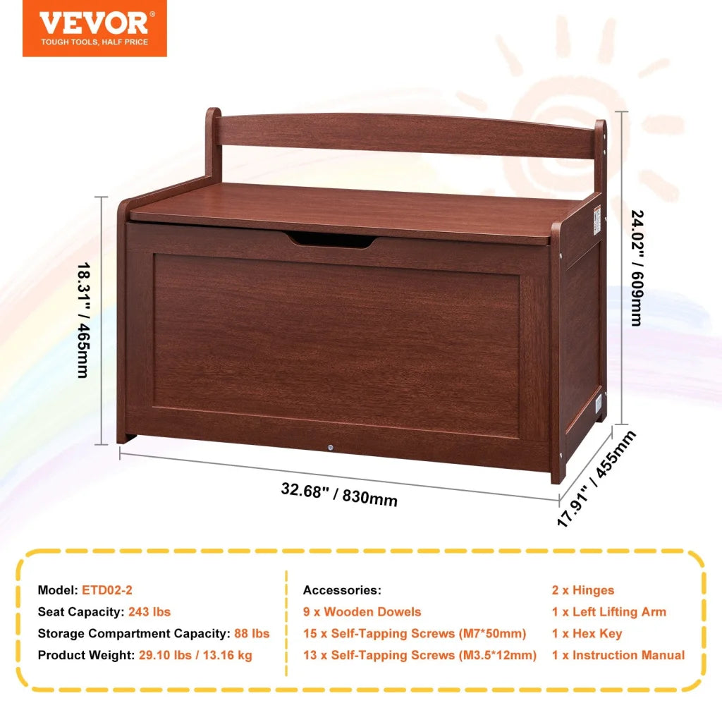 VEVOR Kids Toy Storage Bench Wooden Toy Box Chest 32.68 x
