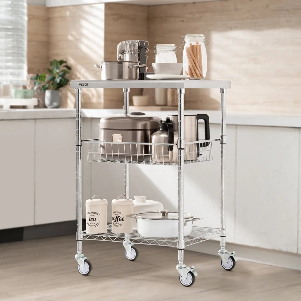 VEVOR Kitchen Utility Cart 3 Tiers Wire Rolling Cart
