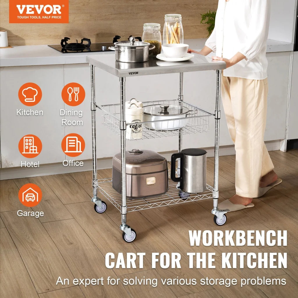 VEVOR Kitchen Utility Cart 3 Tiers Wire Rolling Cart