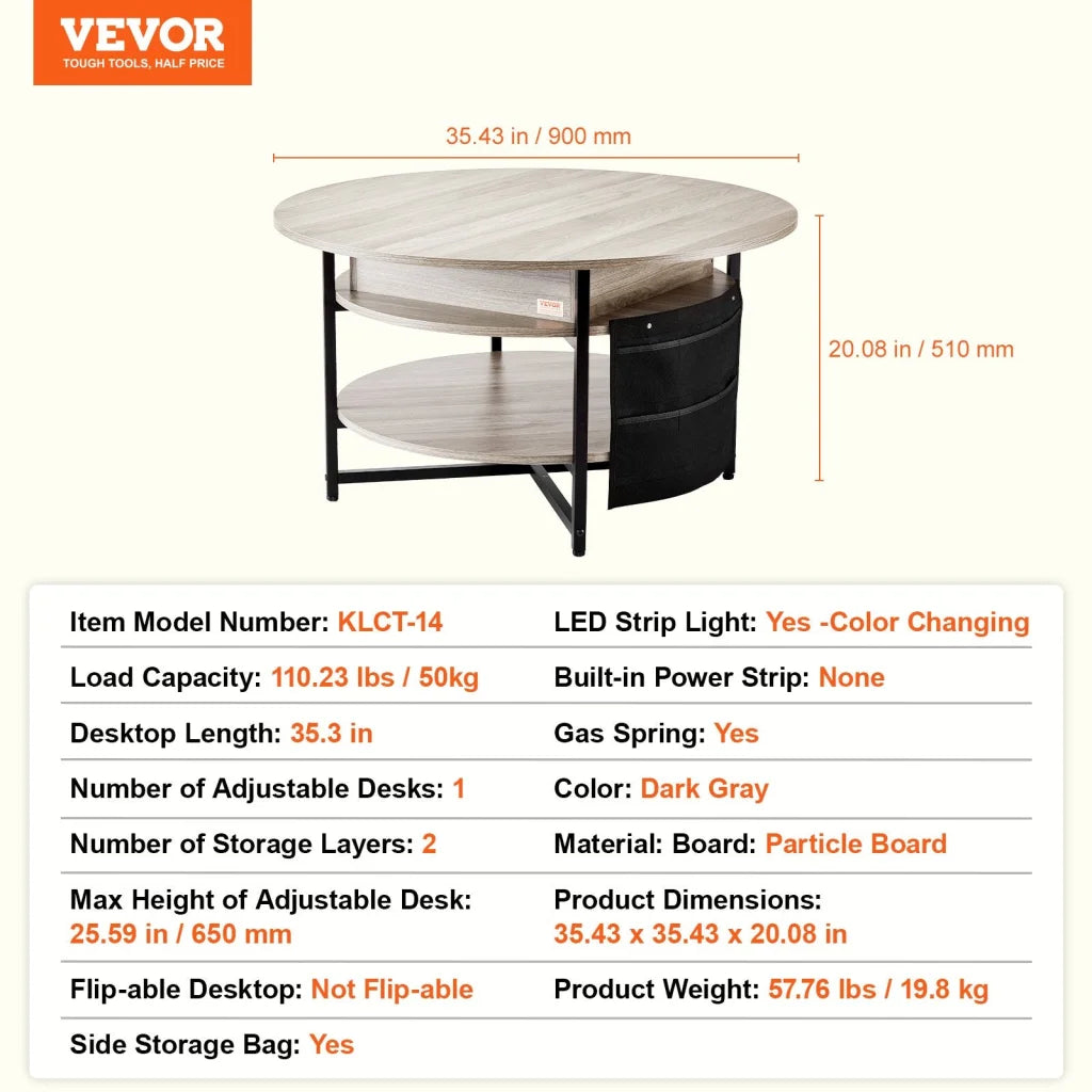 VEVOR Lift Top Coffee Table 35.3’’ Round Coffee Table