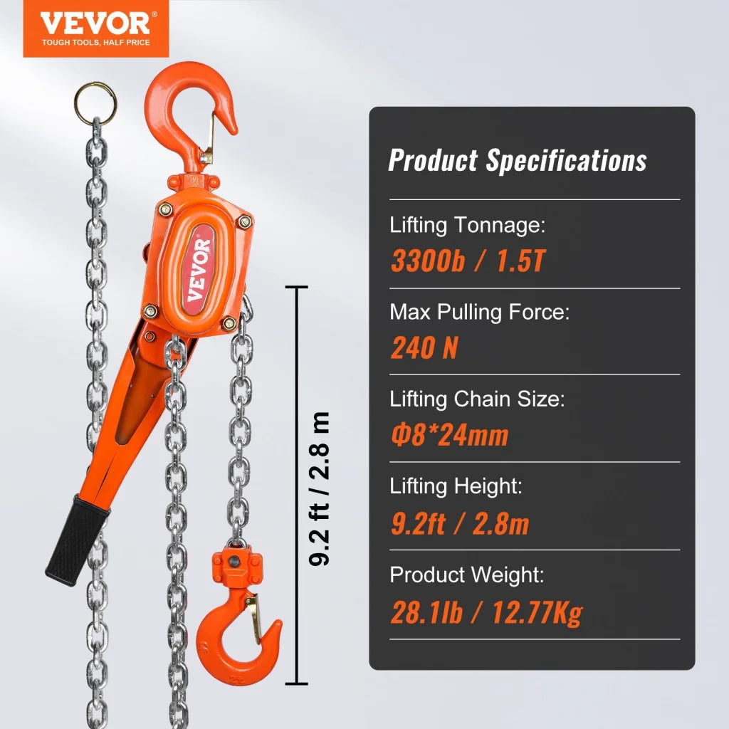 VEVOR Manual Lever Chain Hoist 1-1/2 Ton 3300 lbs Capacity