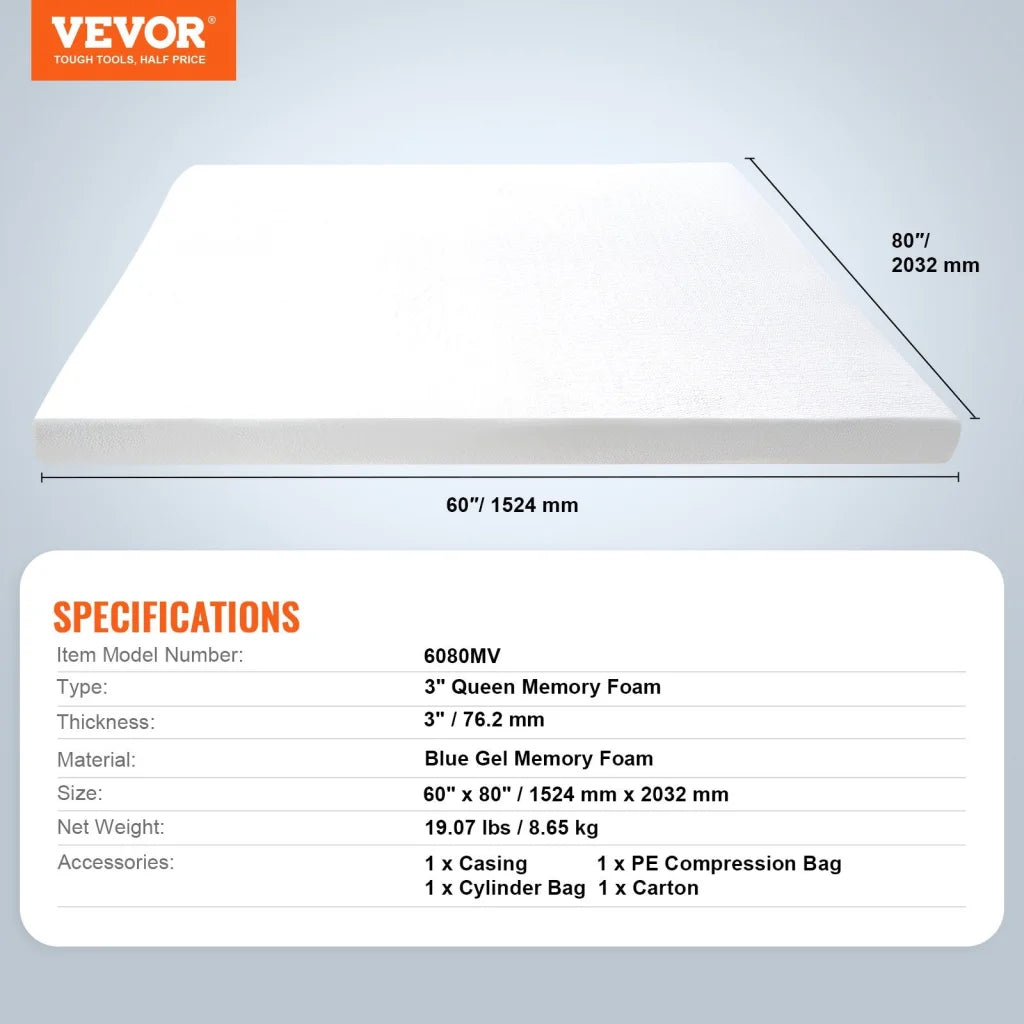VEVOR Mattress Topper Memory Foam Detachable & Washable