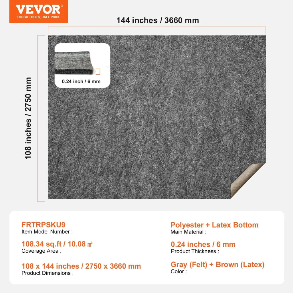 VEVOR Non Slip Rug Pad Gripper 9’ x 12’ Carpet Mat 0.24’’