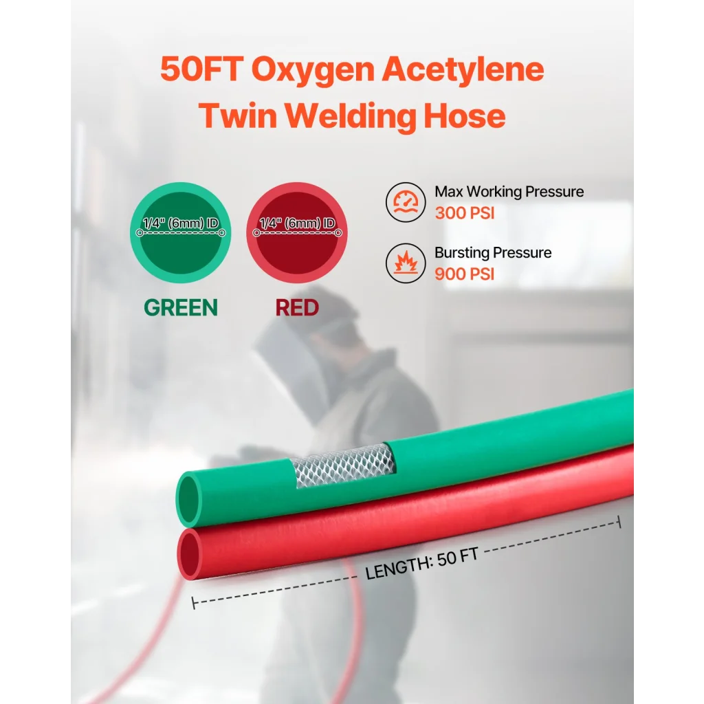 VEVOR Oxygen Acetylene Hose 1/4-Inch x 50FT Oxy Acetylene