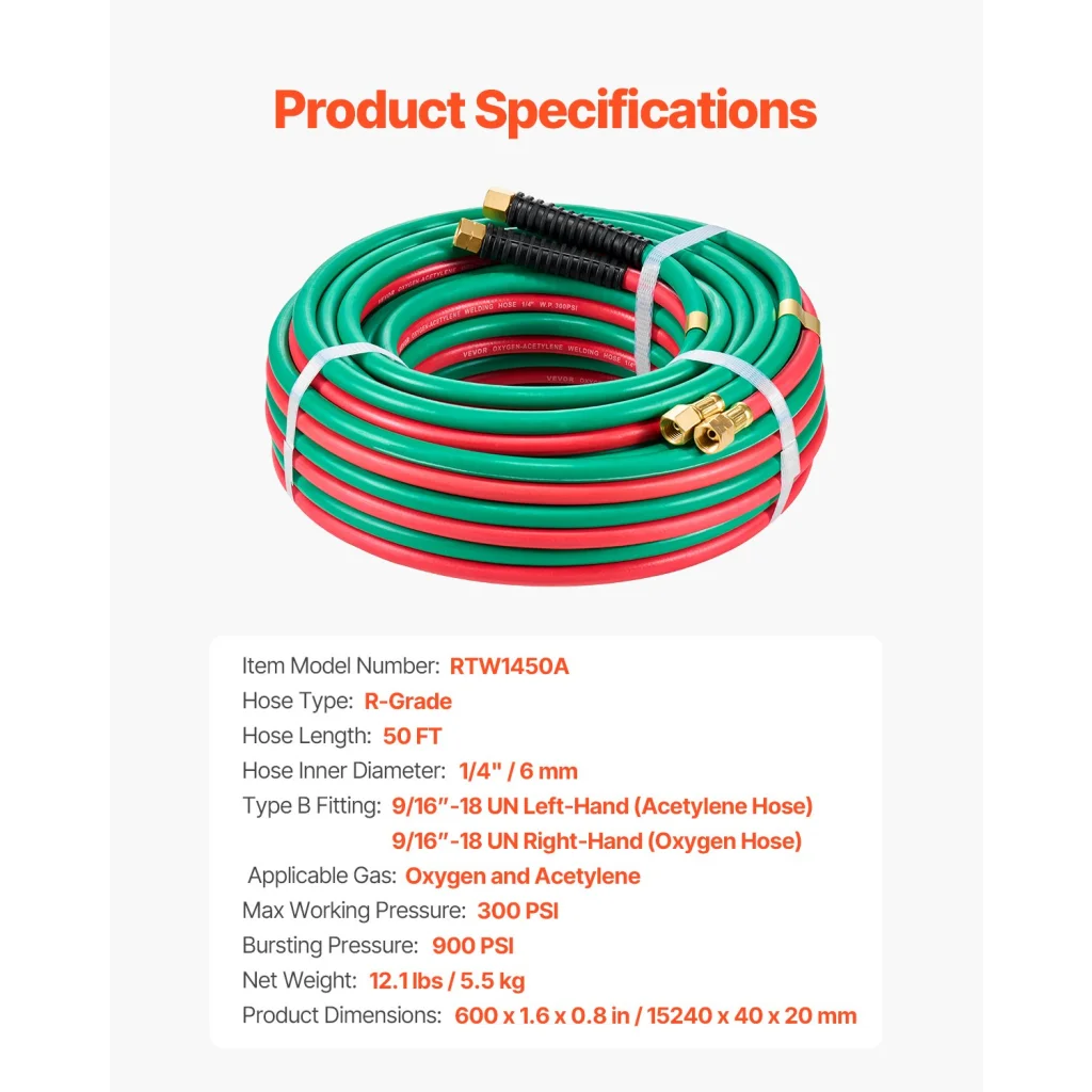 VEVOR Oxygen Acetylene Hose 1/4-Inch x 50FT Oxy Acetylene