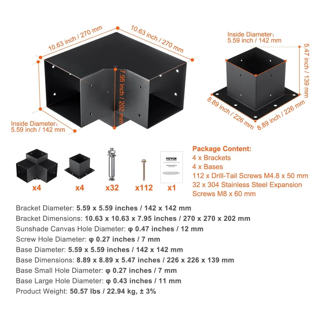 VEVOR Pergola Bracket Kit 152.4 x 152.4 mm 8pcs 3-Way Heavy