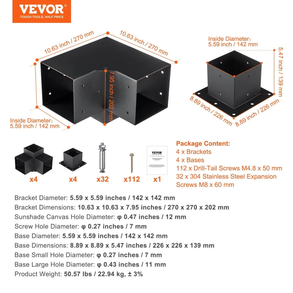 VEVOR Pergola Bracket Kit 152.4 x 152.4 mm 8pcs 3-Way Heavy