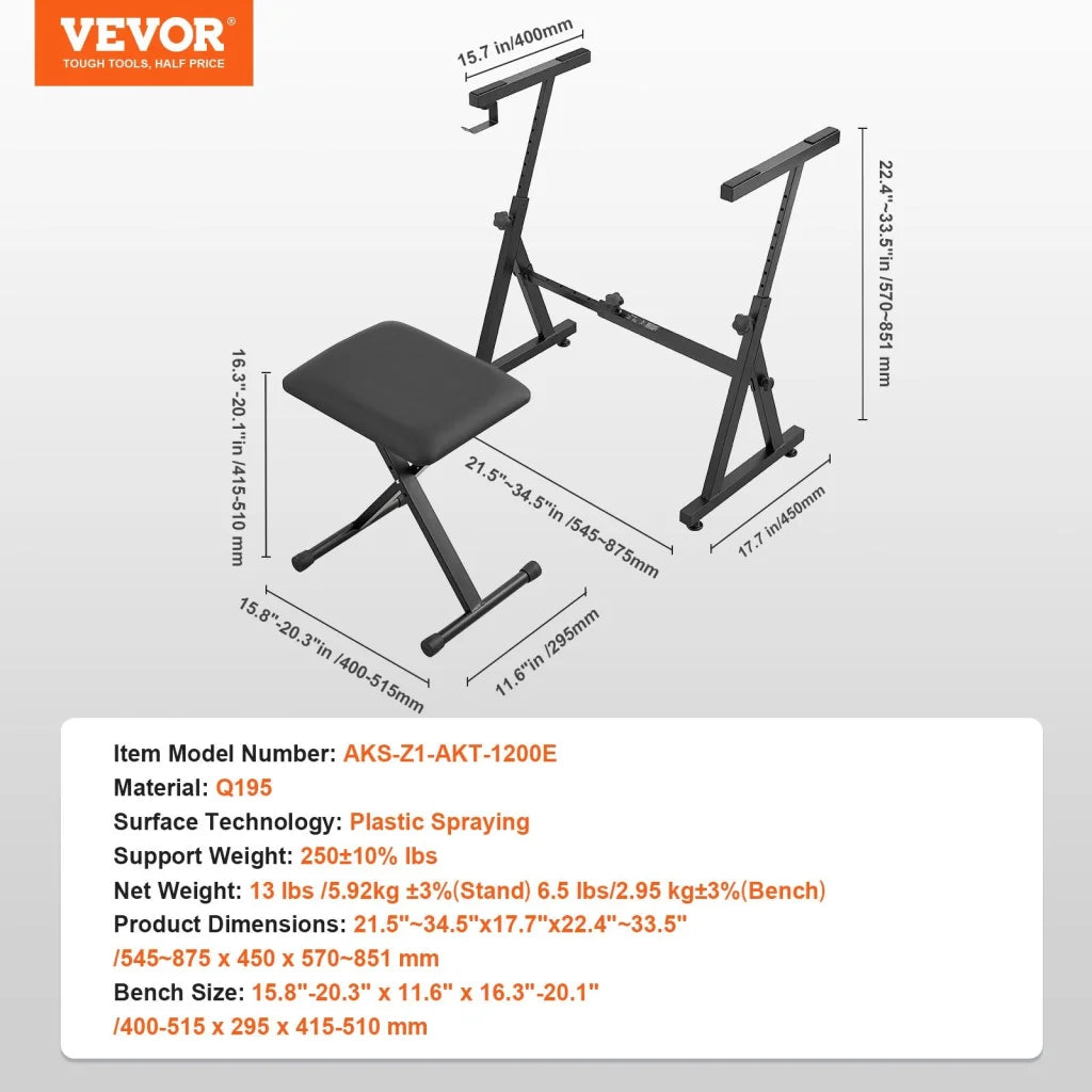 VEVOR Piano Keyboard Stand and Bench Set Z Style Heavy-Duty