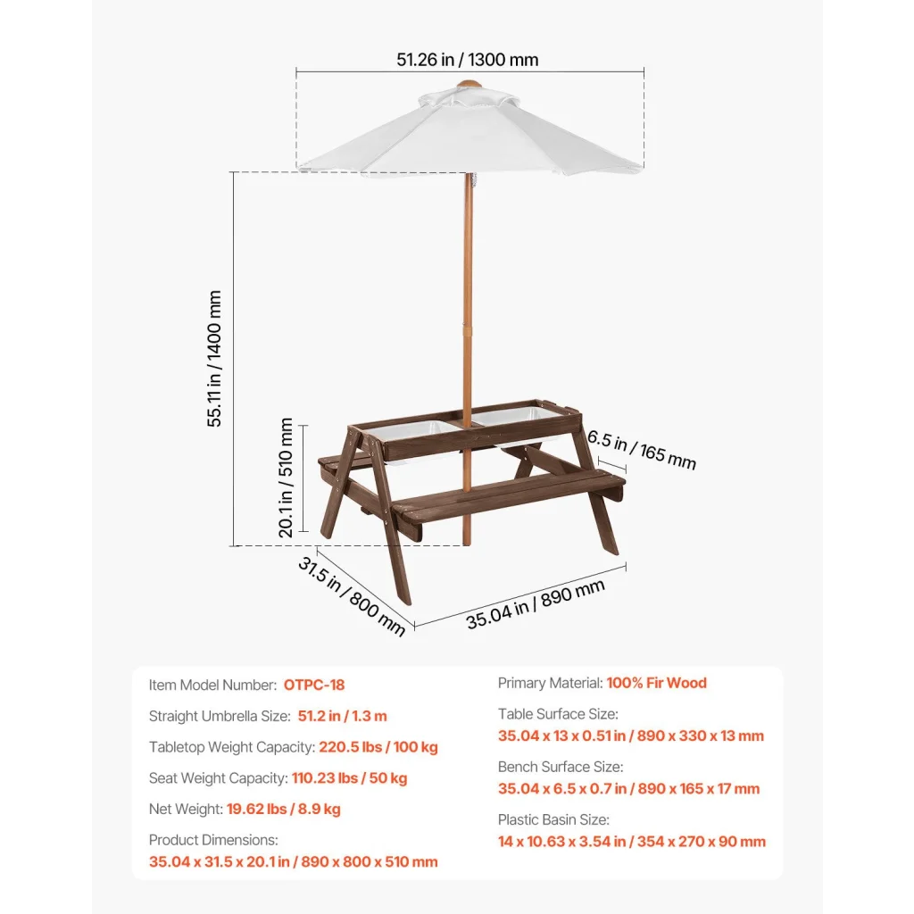 VEVOR Picnic Table Wooden Tables and Bench Set Umbrella
