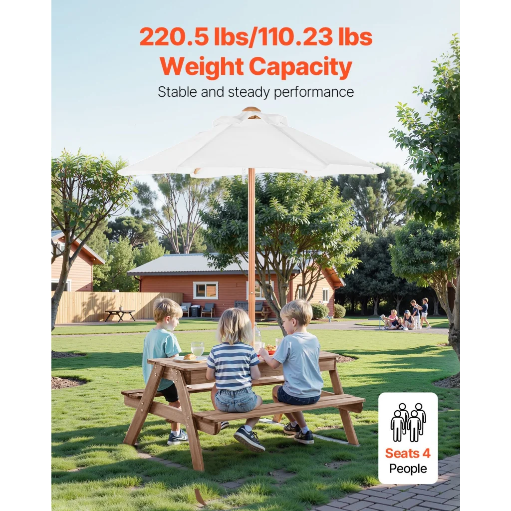 VEVOR Picnic Table Wooden Tables and Bench Set Umbrella