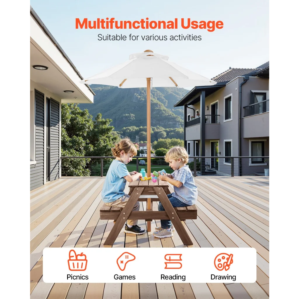 VEVOR Picnic Table Wooden Tables and Bench Set Umbrella