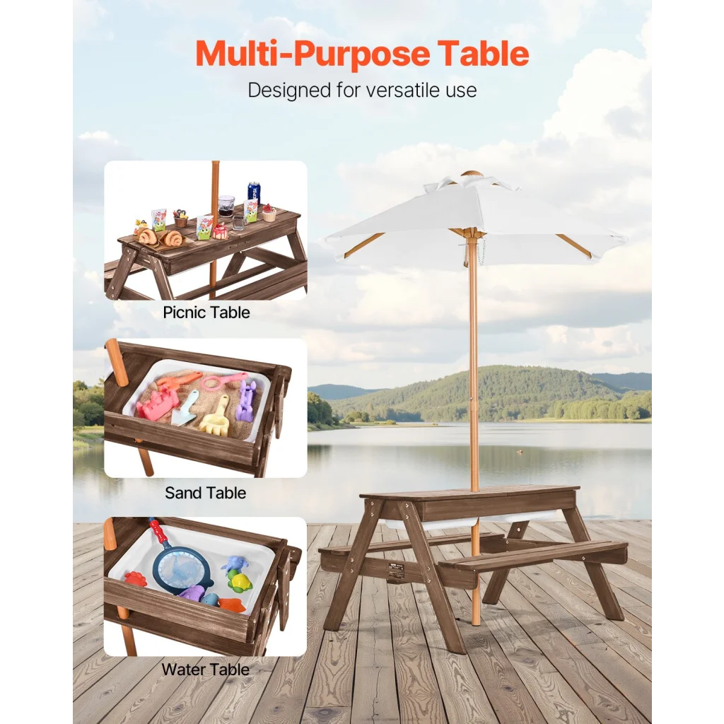 VEVOR Picnic Table Wooden Tables and Bench Set Umbrella