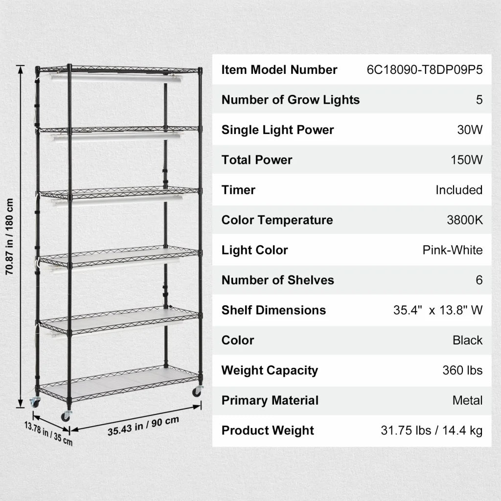 VEVOR Plant Stand with Grow Light 6 Tiers 180W 180 cm